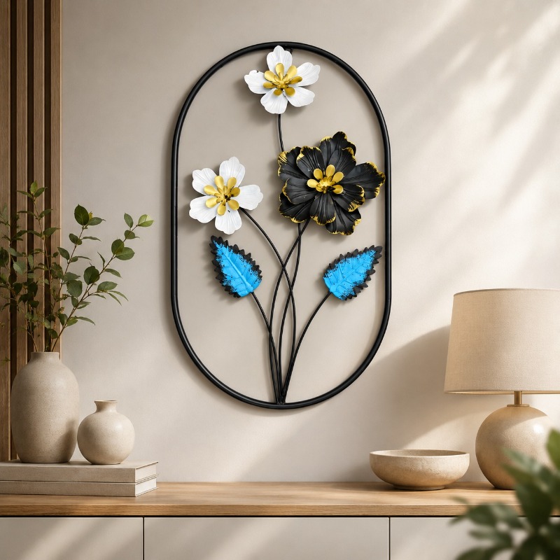 Elegant Floral MS Metal Wall Decor - Black & White Luxury Design