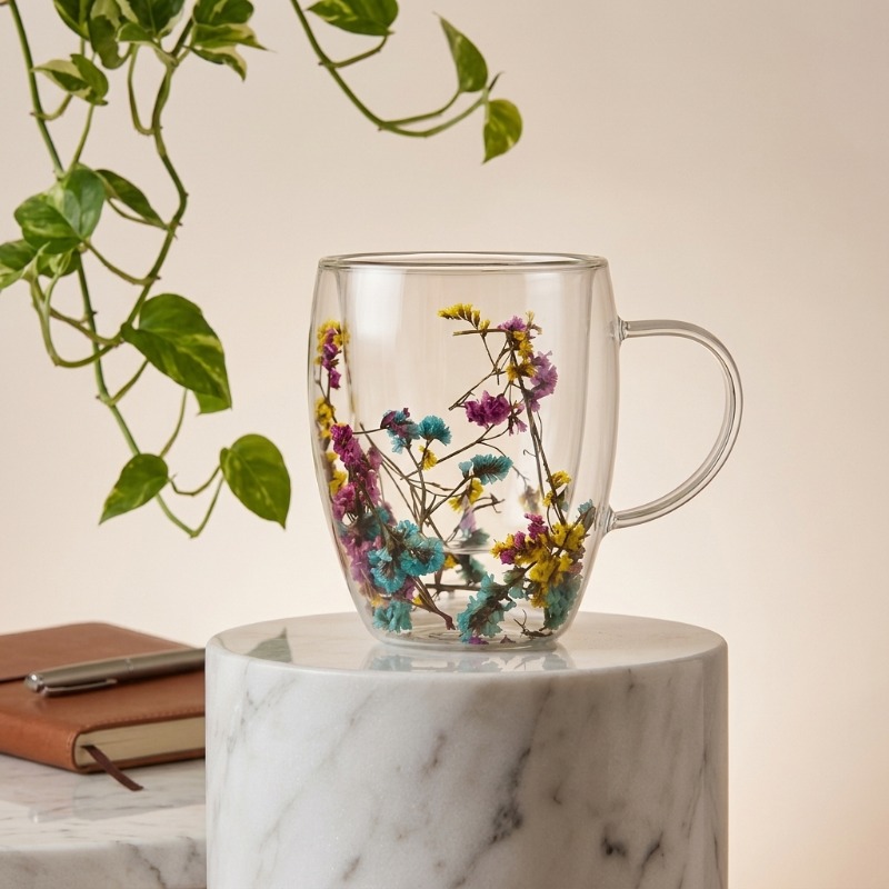 Premium Double Wall Flower Glass Mug